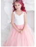 Ivory Lace Coral Pink Tulle Wedding Flower Girl Dress